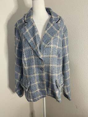Studio C Plus Blue and Cream Plaid Tweed Blazer Jacket, Size 20W